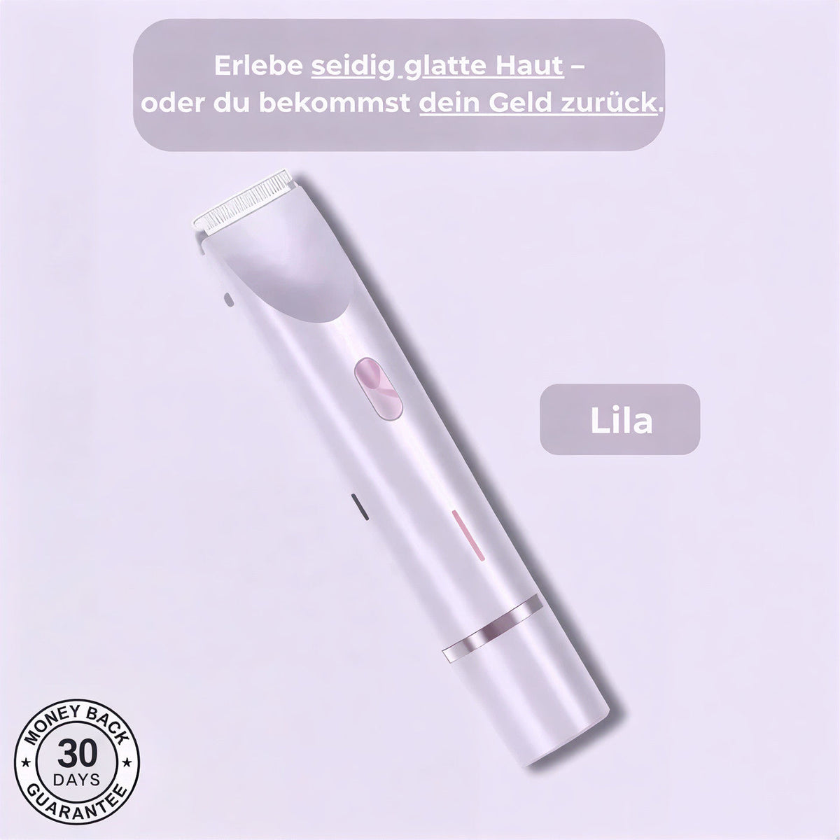 Trimmer in der fliederfarbenen Variante mit weißer Klinge und rosa Schalter vor hellvioletter Fläche.