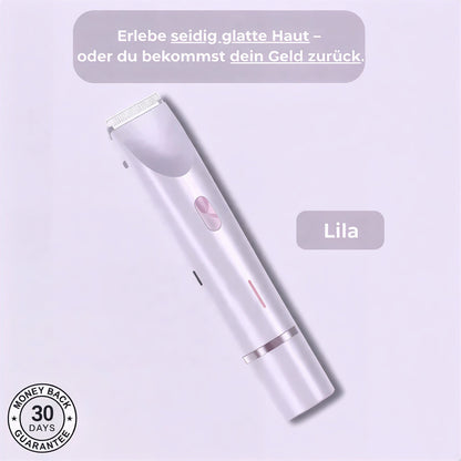 Trimmer in der fliederfarbenen Variante mit weißer Klinge und rosa Schalter vor hellvioletter Fläche.
