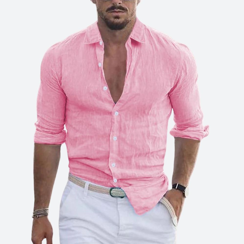 Herren-Leinenhemd in Rosa mit offenem Kragen und hochgekrempelten Ärmeln