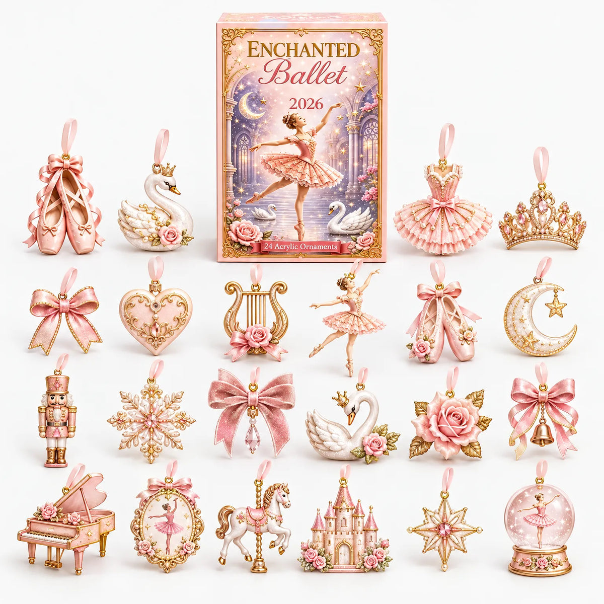 Rosafarbene Schachtel mit allen 24 Ornamenten in Rosa und Gold, darunter Ballettschuhe, Schwäne, Krone und Nussknacker 2