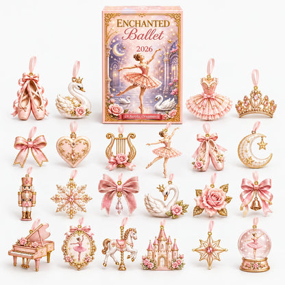 Rosafarbene Schachtel mit allen 24 Ornamenten in Rosa und Gold, darunter Ballettschuhe, Schwäne, Krone und Nussknacker 2