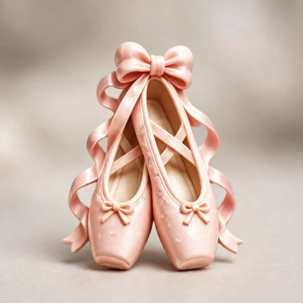 Nahaufnahme eines Ornaments: rosa Ballettschuhe mit Schleife und herabfallenden Bändern vor hellem, unscharfem Hintergrund 3