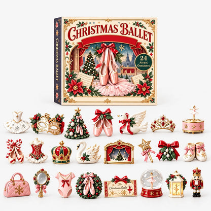 Rot-grüne Weihnachtsvariante mit Schachtel und allen 24 Ornamenten, darunter Ballerina-Spieluhr, Nussknacker, Schneekugel 4