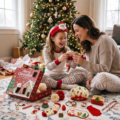 Mädchen und Frau im Schlafanzug lachen vor dem Weihnachtsbaum, vor ihnen Adventskalender und ausgepackte Accessoires 1