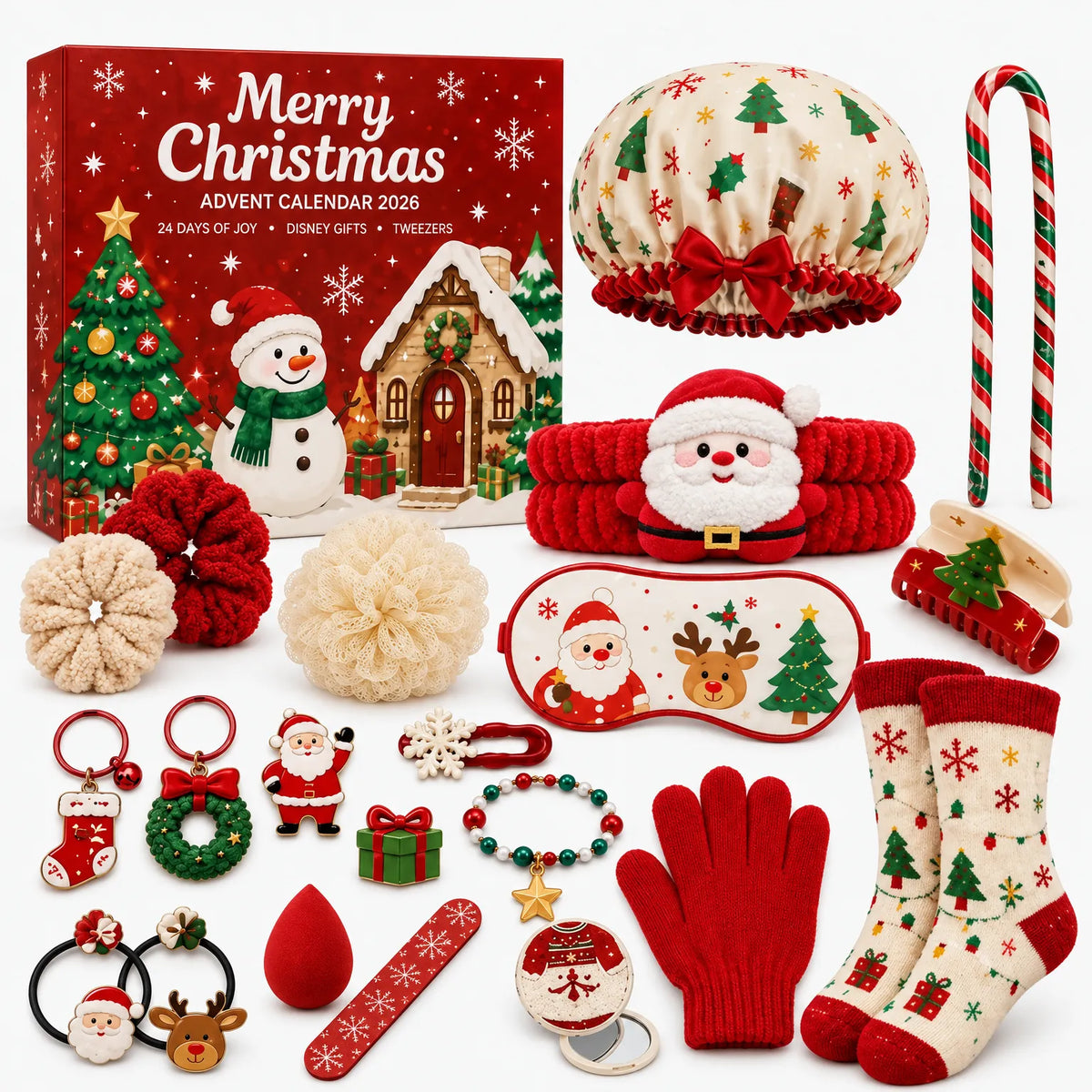 Alle Überraschungen des Adventskalenders ausgebreitet: Duschhaube, Haarschmuck, Schlafmaske, Socken, Handschuhe 2