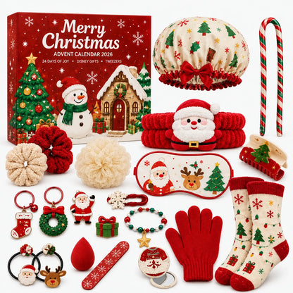 Alle Überraschungen des Adventskalenders ausgebreitet: Duschhaube, Haarschmuck, Schlafmaske, Socken, Handschuhe 2