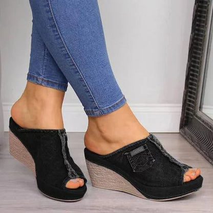 Damen Denim-Sandalen mit Keilabsatz – Elisabetta