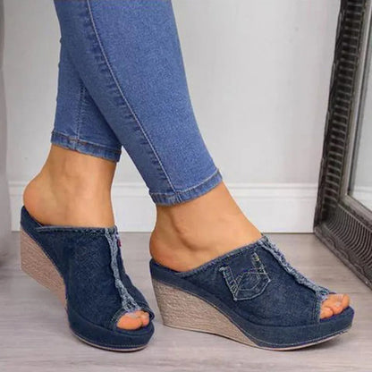 Damen Denim-Sandalen mit Keilabsatz – Elisabetta