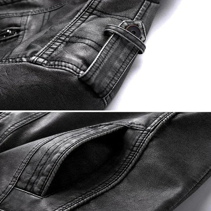 Schwarze Lederjacke Detailansicht, hochwertige Nähte, modisches Design, Reißverschluss.