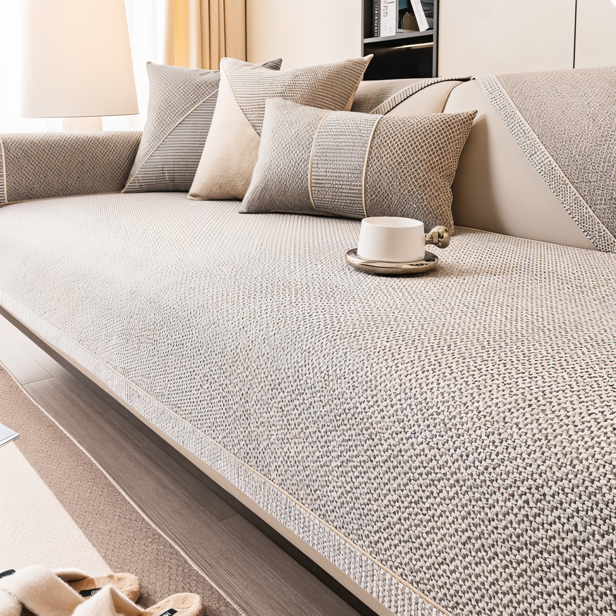 Nahaufnahme der meliert gewebten Oberfläche des beige-grauen Bezugs auf der Sofasitzfläche mit eingefasster Kante. 5
