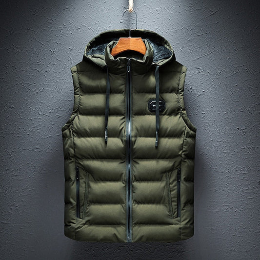 Armeegrüne Steppweste mit Kapuze, Reißverschluss, Herrenmode, Winterbekleidung, Outdoor.