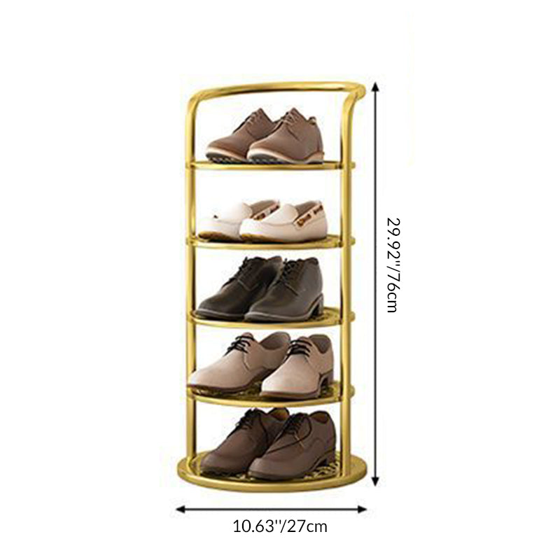 Goldenes fünfstufiges Schuhregal mit Herrenschuhen und eingezeichneten Maßangaben zu Höhe und Durchmesser 4