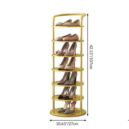 Goldenes siebenstufiges Schuhregal mit Pumps und Ballerinas samt Maßangaben zu Höhe und Durchmesser 6