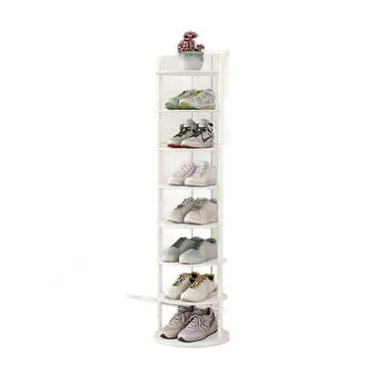 Weißes achtstufiges Schuhregal mit Sneakern und einem Blumentopf oben, freigestellt vor weißem Hintergrund 14
