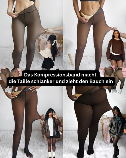 Collage von vier Models in braunen Leggings, die das Material dehnen und das Fleece-Futter am Taillenbund zeigen. 2