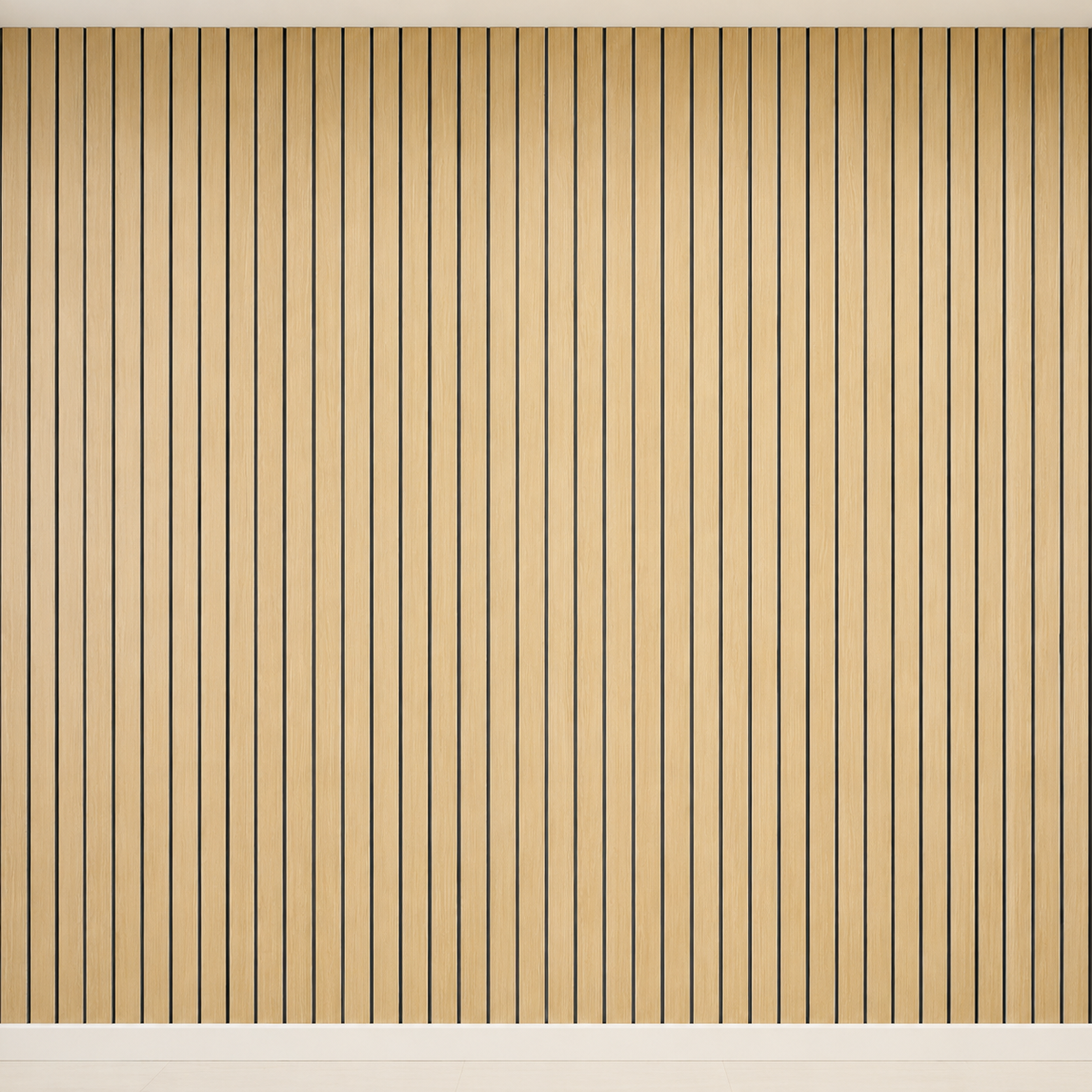 Leere Wand komplett mit hellen Eichenholz-Lamellenpaneelen verkleidet, mit weißer Sockelleiste 32