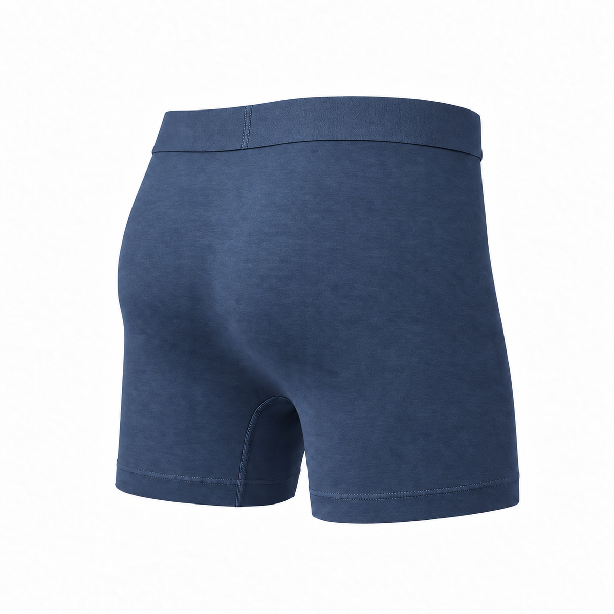 Stahlblaue Boxerbriefs von hinten schräg, glatte Rückseite mit Bund und sauber genähtem Beinsaum.