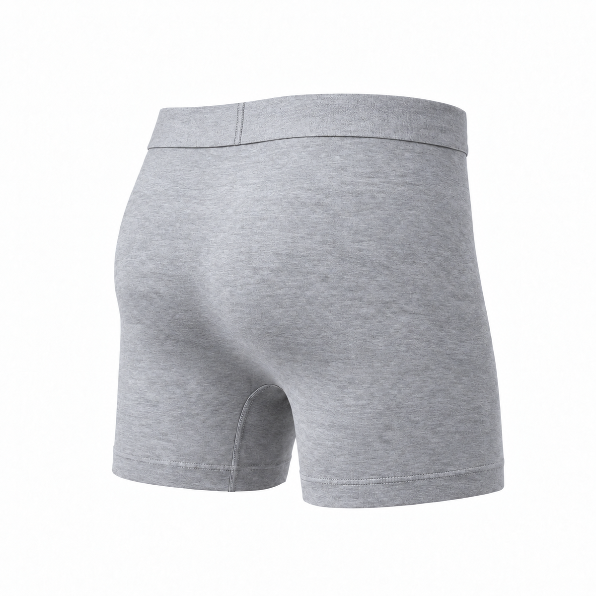 Hellgraue melierte Boxerbriefs von hinten schräg, mit durchgehender Rückseite, Bund und gesäumtem Beinabschluss.