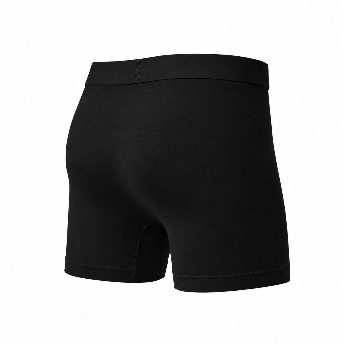 Schwarze Boxerbriefs von hinten schräg, einfarbige Rückseite mit Bund und gesäumtem Beinabschluss.