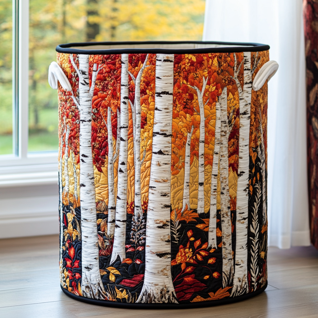 Gesteppter Korb mit Birkenwald-Motiv in leuchtenden Herbstfarben, schwarzer Randeinfassung und weißen Griffen vor einem Fenster. 3