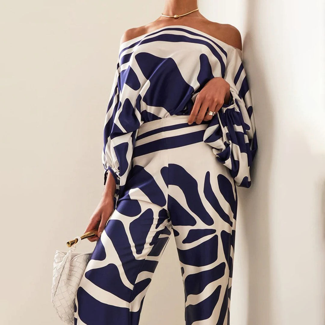 Zweiteiliges Satin-Set mit Herbstmuster – Selena