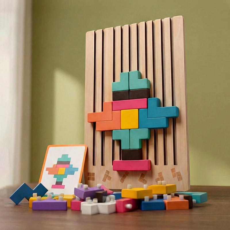 Holz-Tetris-Puzzlespiel mit aufrechtem Brett, buntem Muster und Vorlagekarte, Detail.