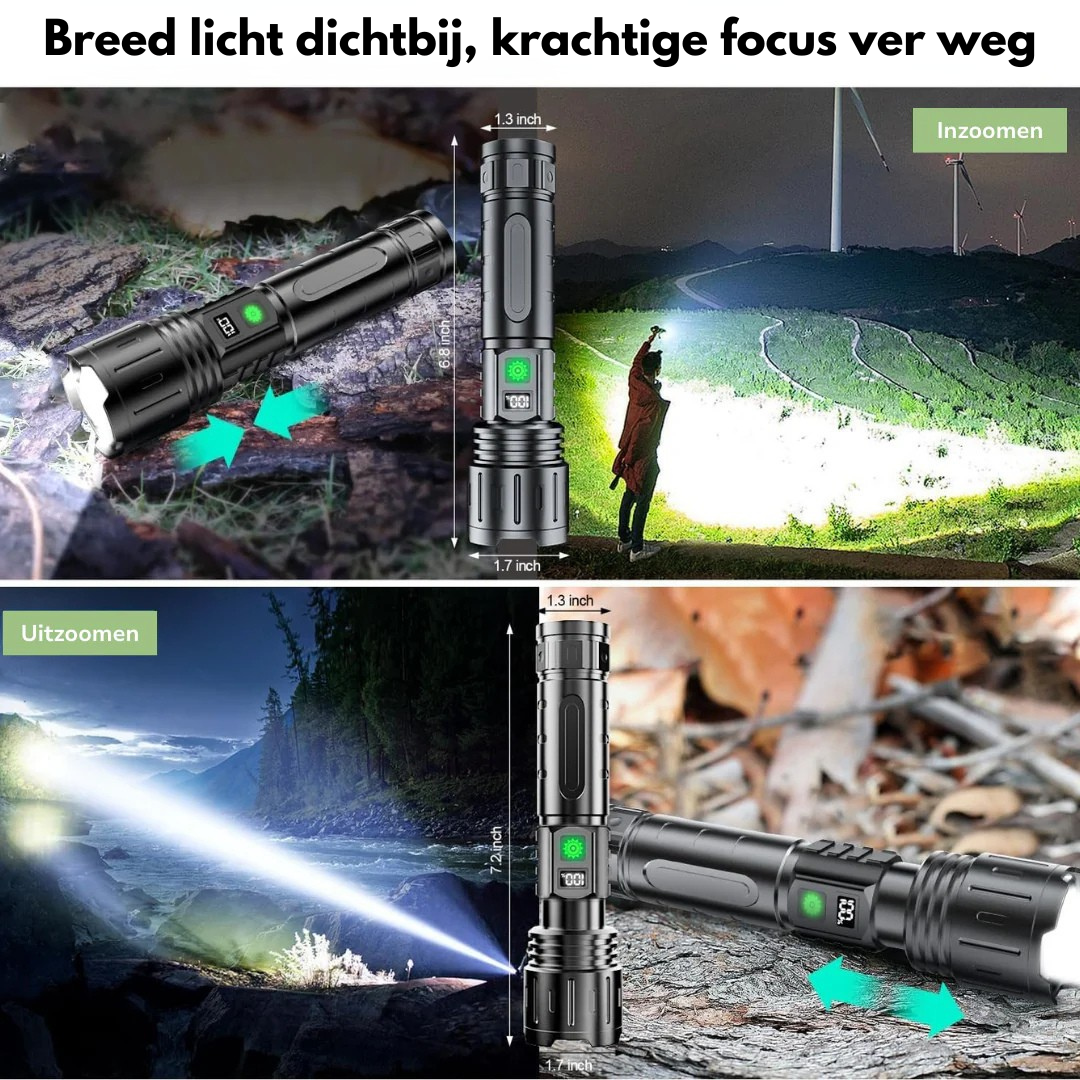 LED-Taschenlampe im Zoom mit gebündeltem und breitem Lichtkegel, detail