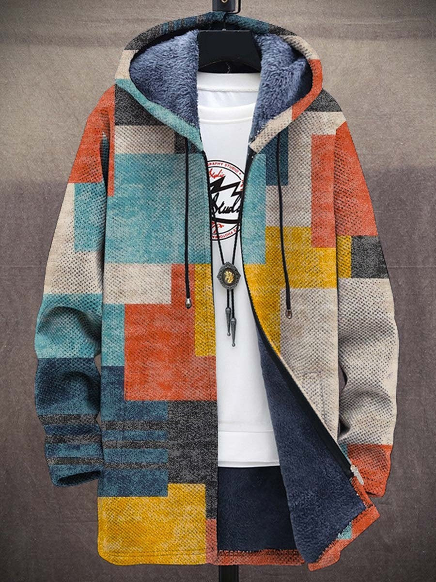 Offene Kapuzenjacke mit Plüschfutter und Farbblock-Muster in Türkis, Orange, Gelb und Beige auf einem Kleiderbügel 1
