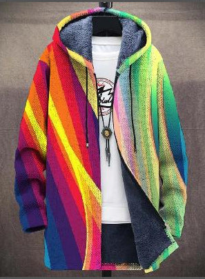 Offene Kapuzenjacke mit Plüschfutter und diagonalen Regenbogenstreifen in Rot, Gelb, Grün und Violett auf Bügel 2