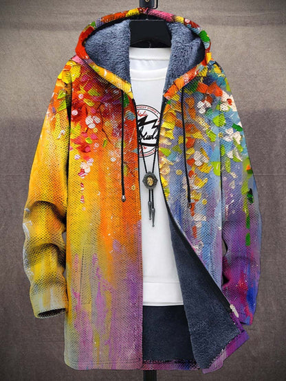 Offene Kapuzenjacke mit Plüschfutter und Blütenmotiv im Ölgemälde-Stil in Gelb, Orange, Violett und Blau 3