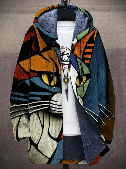 Offene Kapuzenjacke mit Plüschfutter und abstraktem, buntem Katzengesicht mit gelben Augen und Schnurrhaaren 4