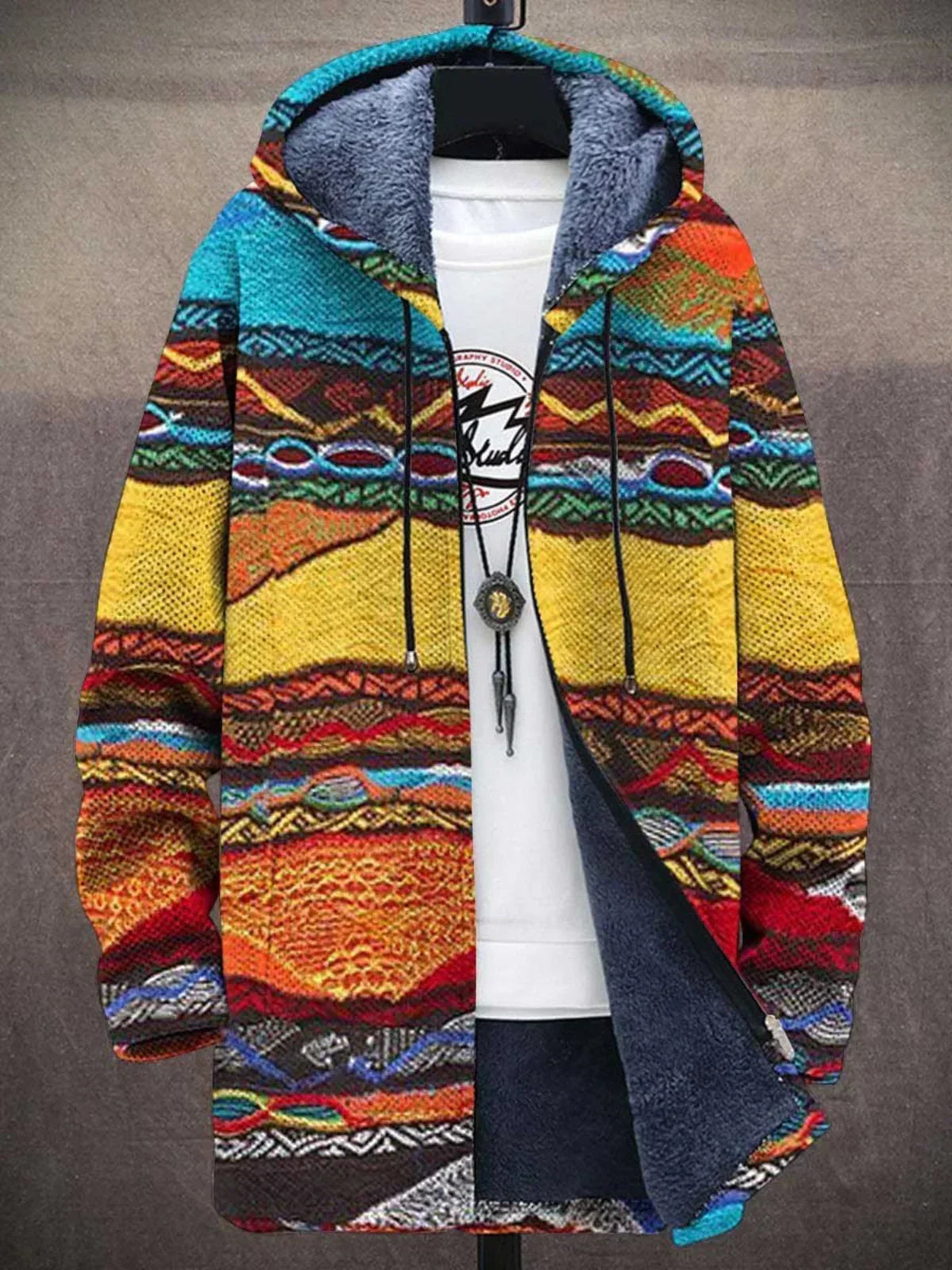 Offene Kapuzenjacke mit Plüschfutter und ethnischem Streifenmuster in Gelb, Orange, Rot und Türkis 5
