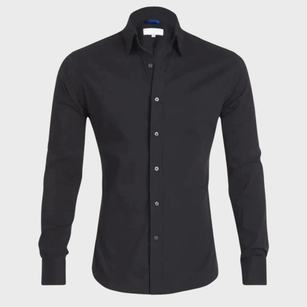 Schwarzes Herrenhemd, langärmelig, Knopfleiste, klassischer Kragen, elegante Mode.
