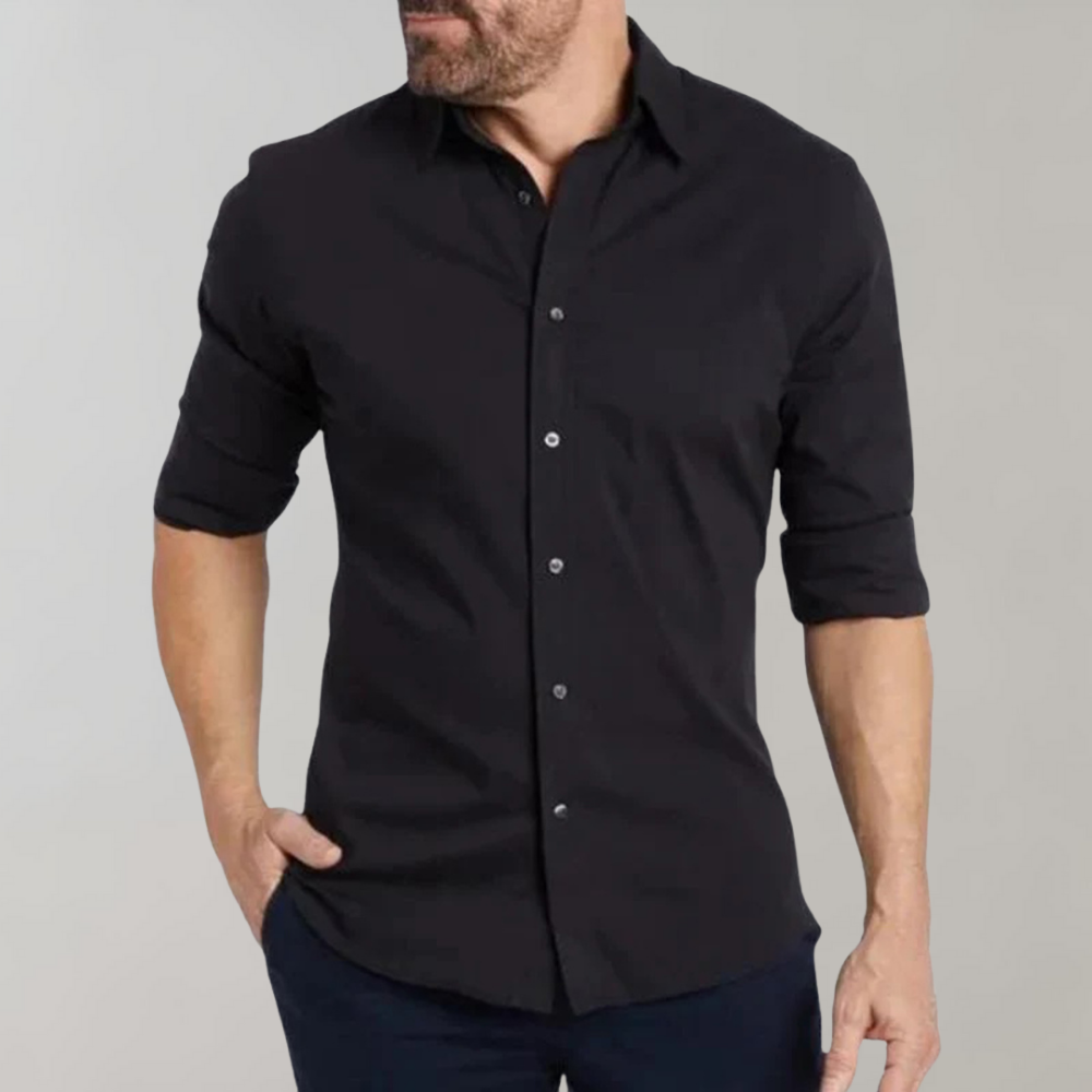 Schwarzes Herrenhemd, langärmlig, Knopfleiste, elegantes Design, Freizeitmode.