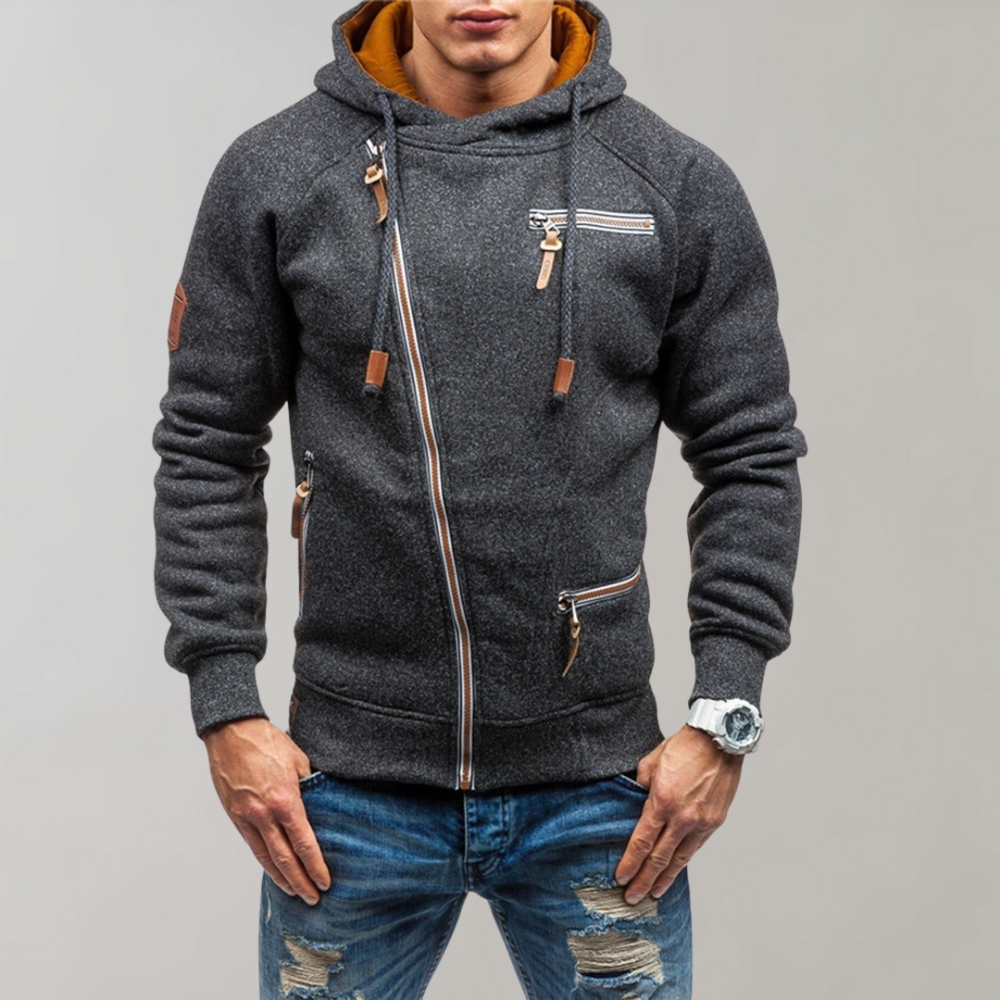 Schwarze Herren-Kapuzenjacke mit Reißverschlüssen, lässig, modern, aus Baumwolle.