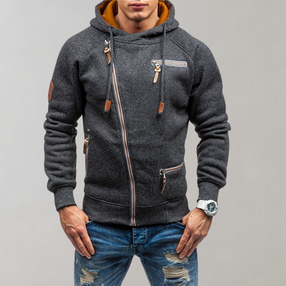 Schwarze Herren-Kapuzenjacke mit Reißverschlüssen, lässig, modern, aus Baumwolle.