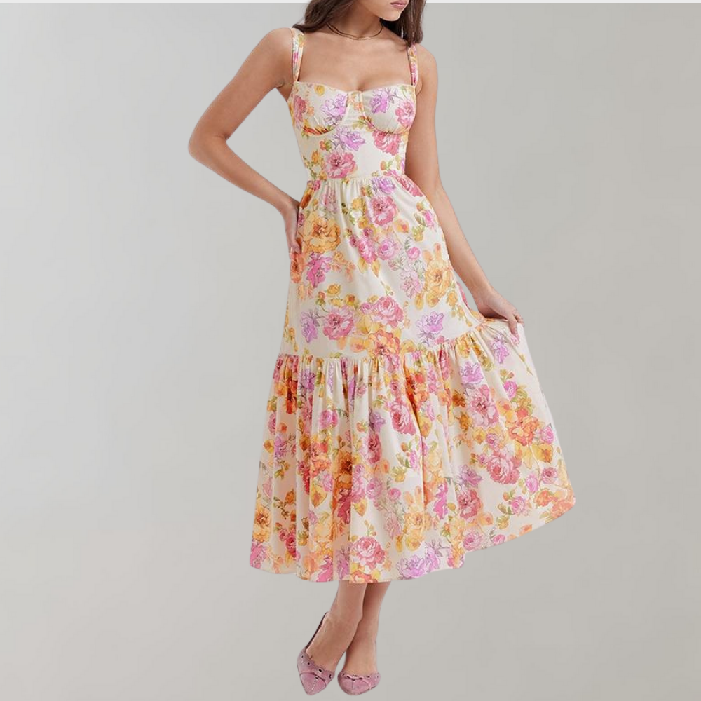 Herbstliches Blumenmuster Midi-Party Kleid – Mireille