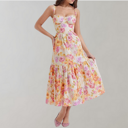Herbstliches Blumenmuster Midi-Party Kleid – Mireille