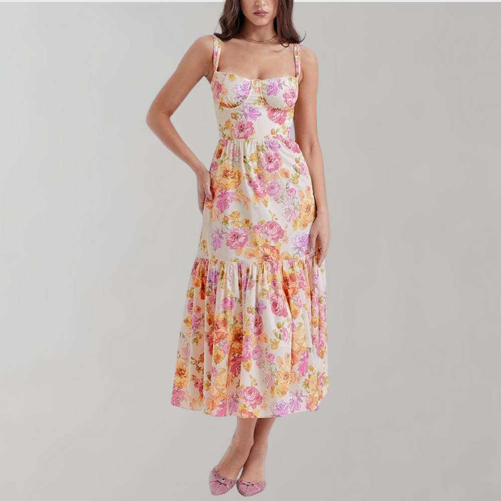 Herbstliches Blumenmuster Midi-Party Kleid – Mireille