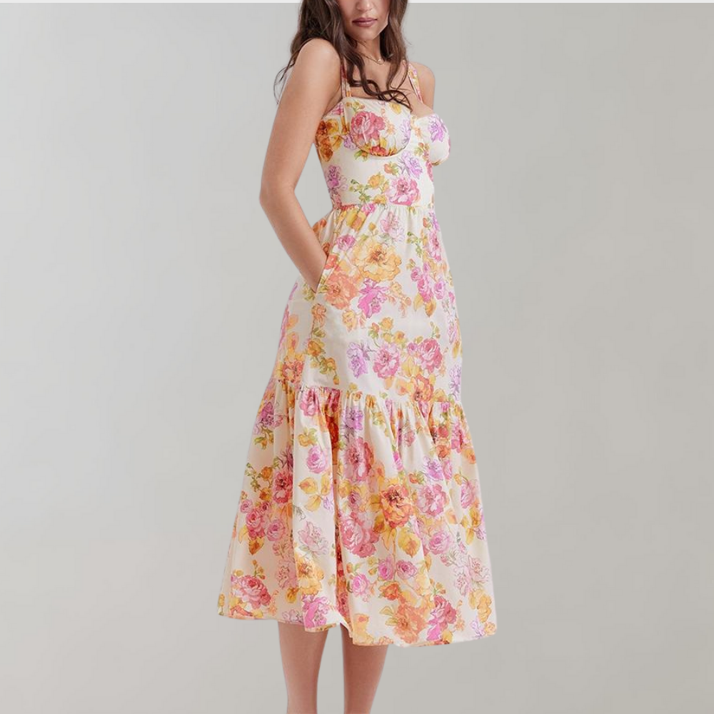 Herbstliches Blumenmuster Midi-Party Kleid – Mireille