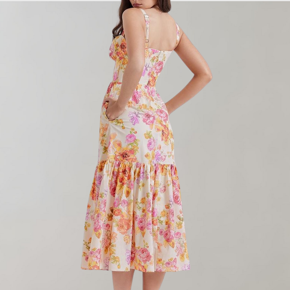 Herbstliches Blumenmuster Midi-Party Kleid – Mireille