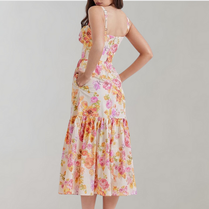 Herbstliches Blumenmuster Midi-Party Kleid – Mireille