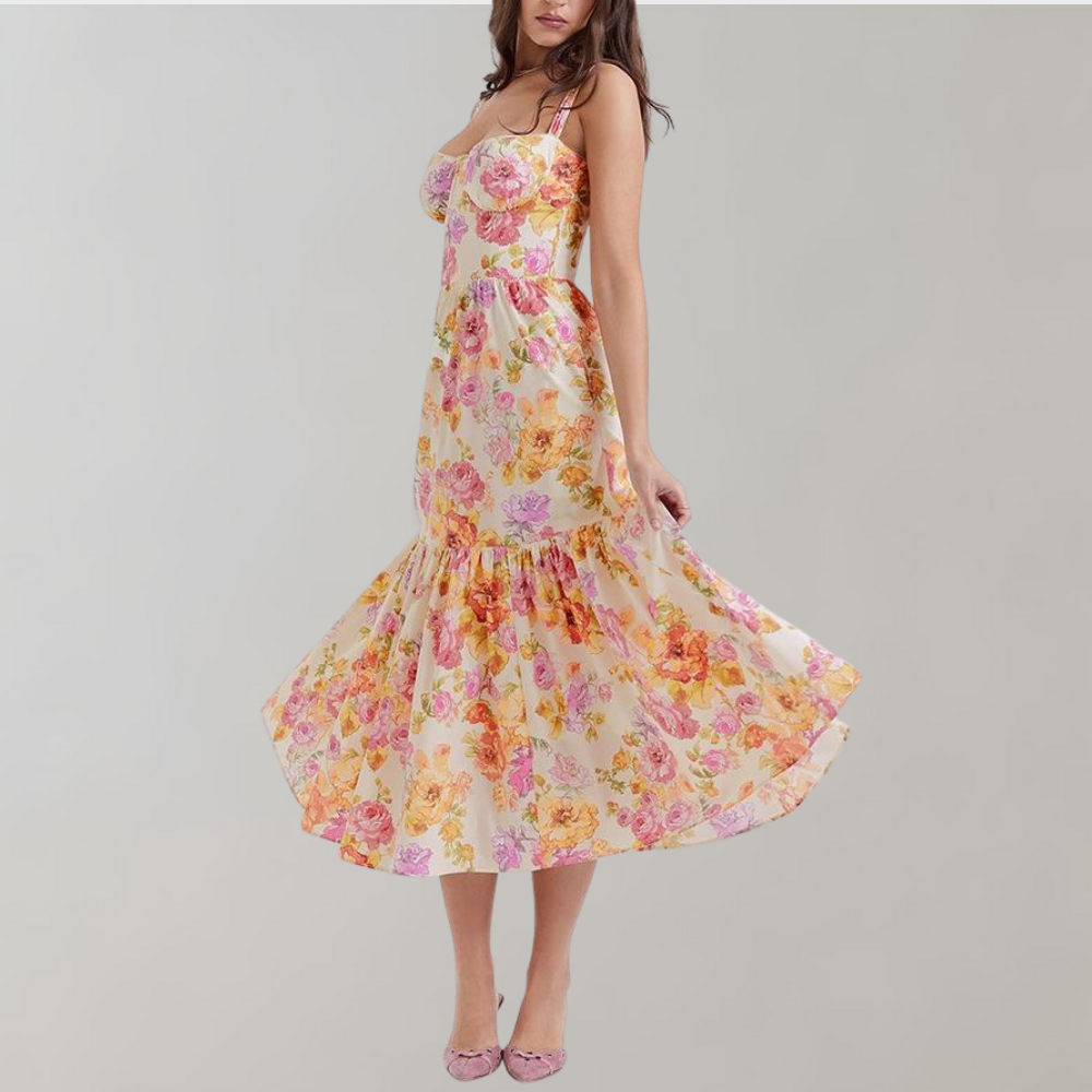 Herbstliches Blumenmuster Midi-Party Kleid – Mireille