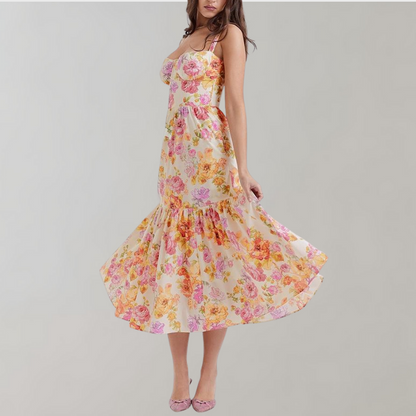 Herbstliches Blumenmuster Midi-Party Kleid – Mireille