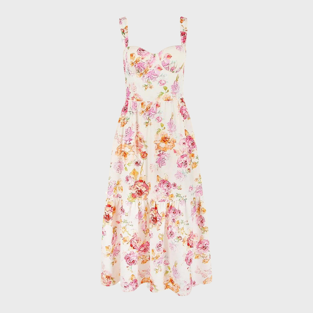 Herbstliches Blumenmuster Midi-Party Kleid – Mireille