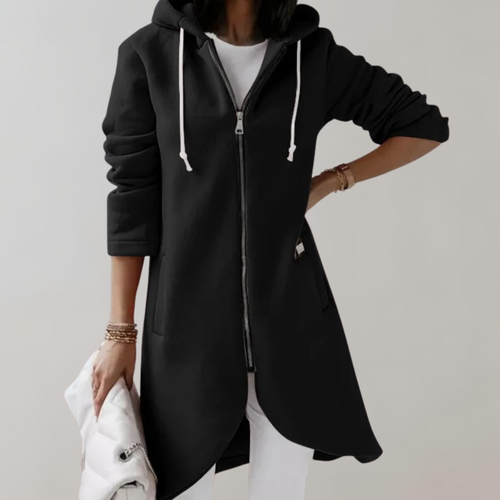 Schwarzer Damen-Hoodie-Mantel mit Reißverschluss, Kapuze und Kordelzug, lässig, modisch.