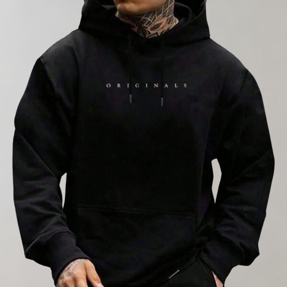 Schwarzer Hoodie mit "Originals"-Aufdruck, Kapuze, Kängurutasche, Herrenmode, Streetwear.