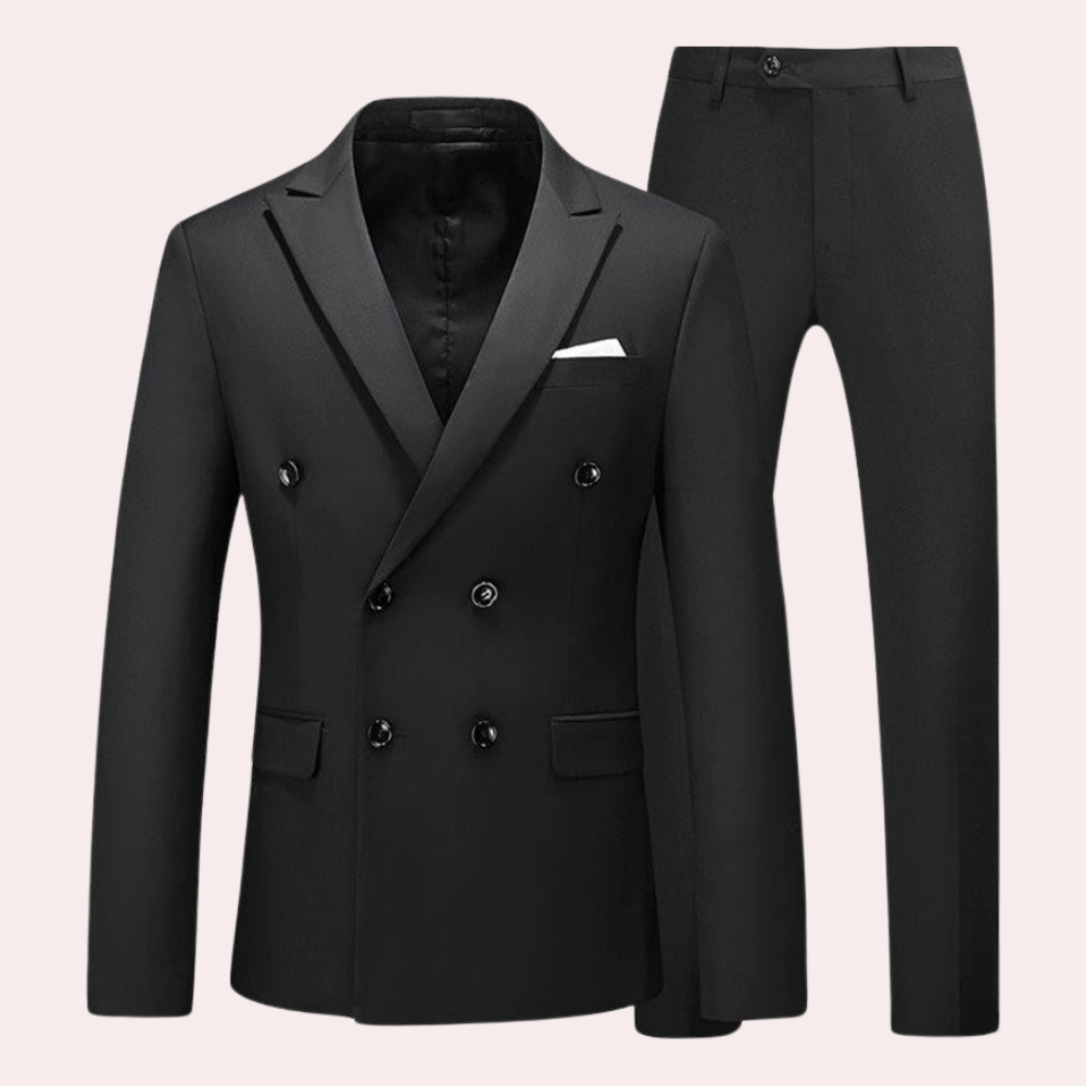 Schwarzer Herrenanzug, doppelreihig, mit Einstecktuch, elegantes Design, Businessmode.