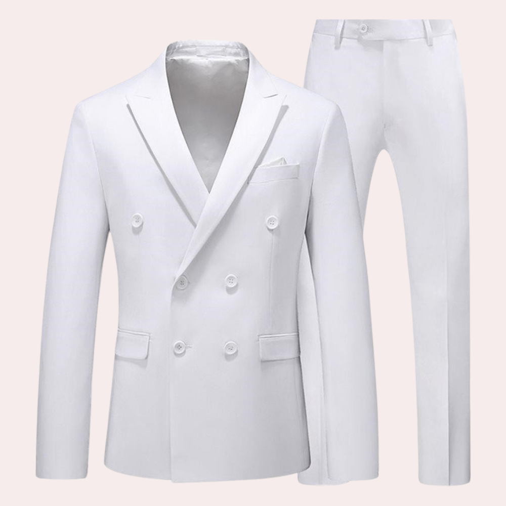 Weißer Herrenanzug, Doppelreiher, elegantes Design, ideal für formelle Anlässe.