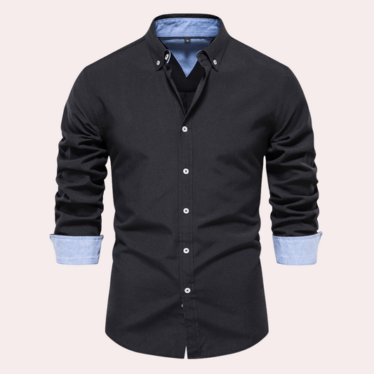 Schwarzes Herrenhemd, langärmelig, Button-Down, Baumwolle, elegantes Design.